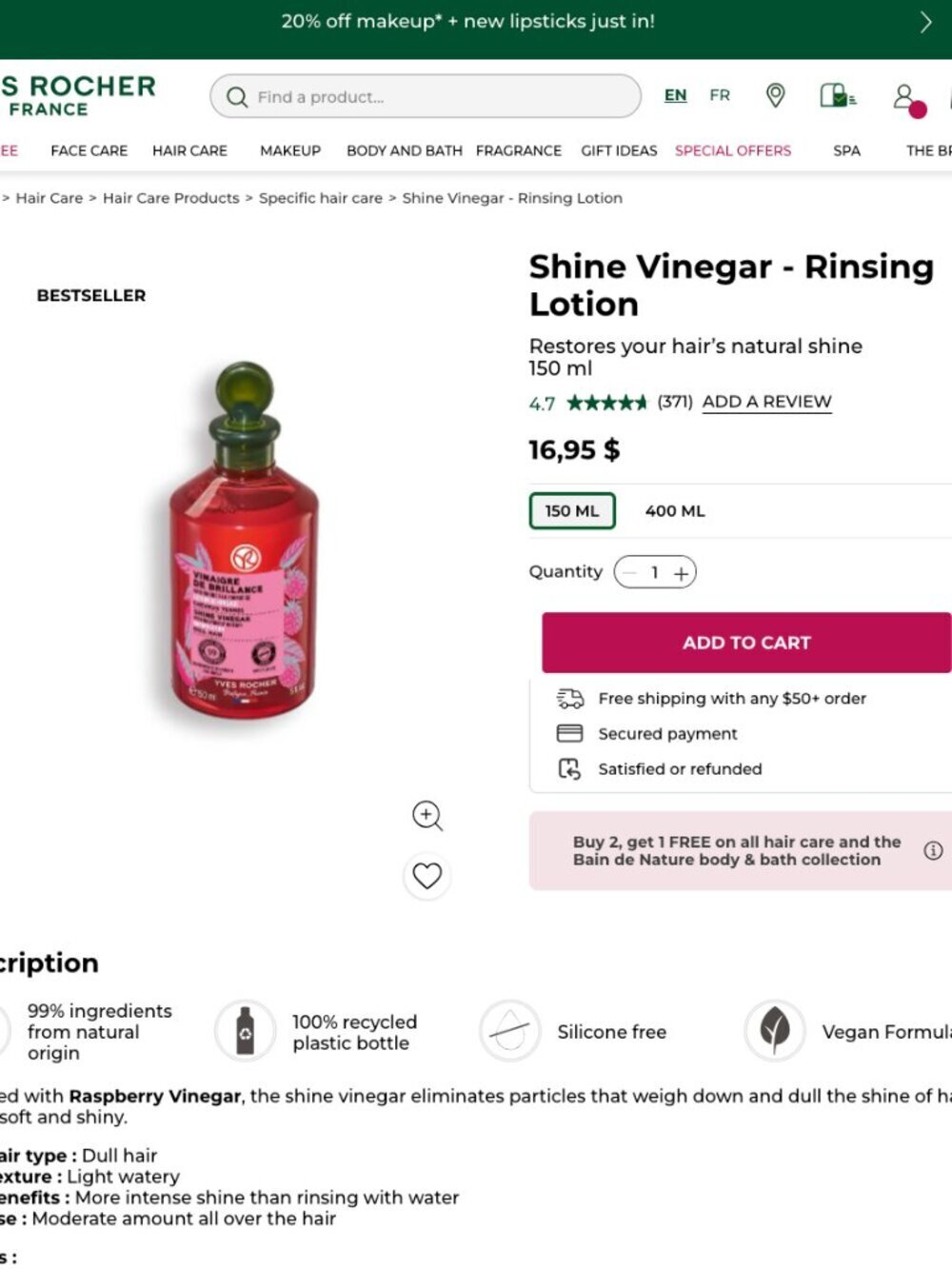 3/$25 Yves Rocher Shine Vinegar Rinsing Lotion 50mL BNIB - Picture 2 of 5